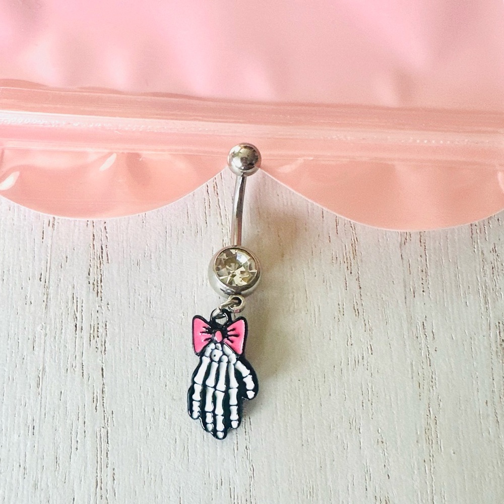 Skeleton Hand Belly Ring with Pink Bow New